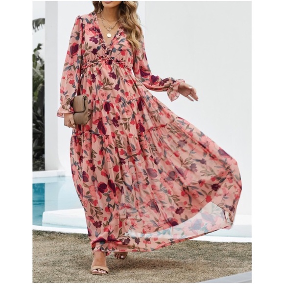 Bohemian Pink Floral Print V neck Tiered Maxi Dress - Picture 4 of 5
